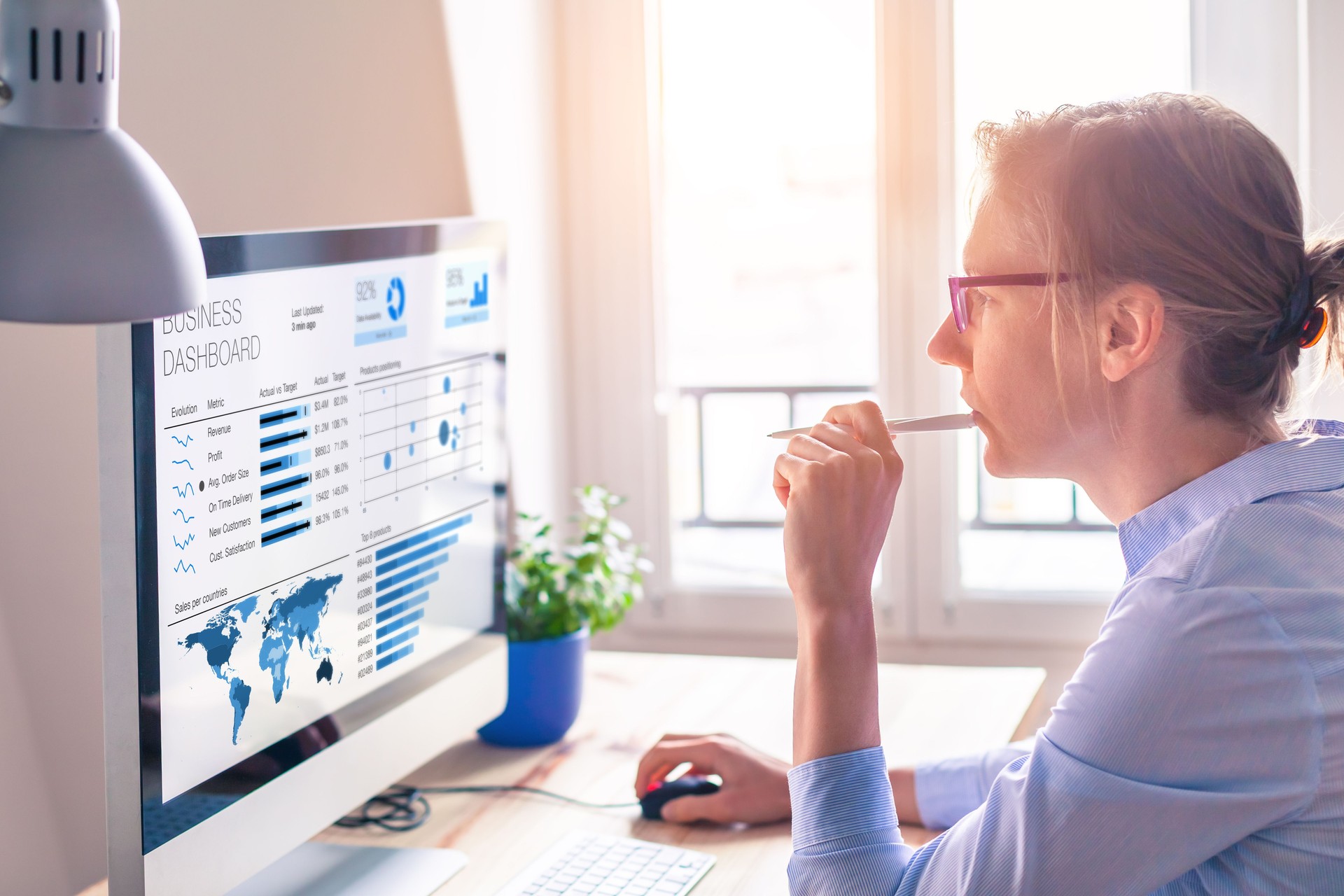 Mujer de negocios usando un panel de análisis o inteligencia empresarial en la pantalla de una computadora.